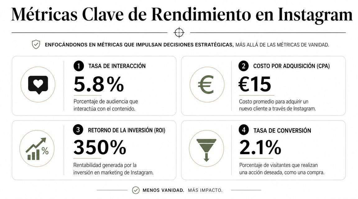 Infografía sobre las métricas clave de rendimiento en Instagram para medir el éxito estratégico en marketing digital.