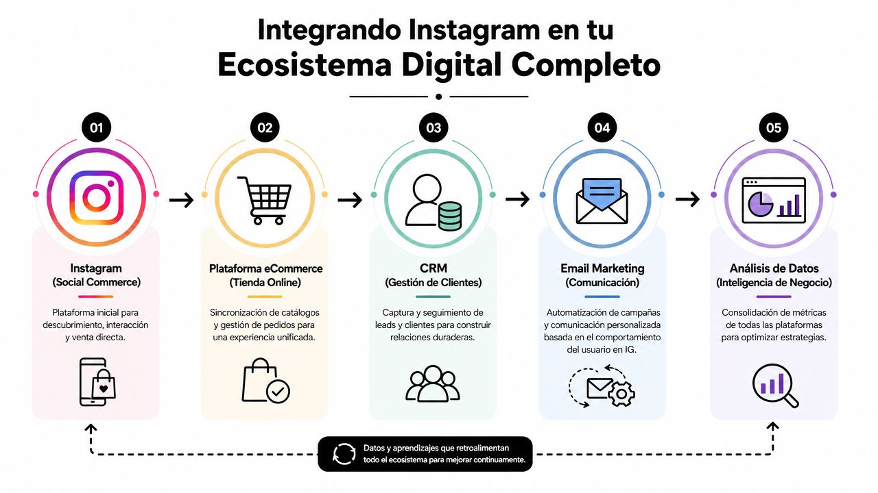 Diagrama de flujo que muestra la integración de Instagram en un ecosistema digital empresarial para optimizar estrategias.