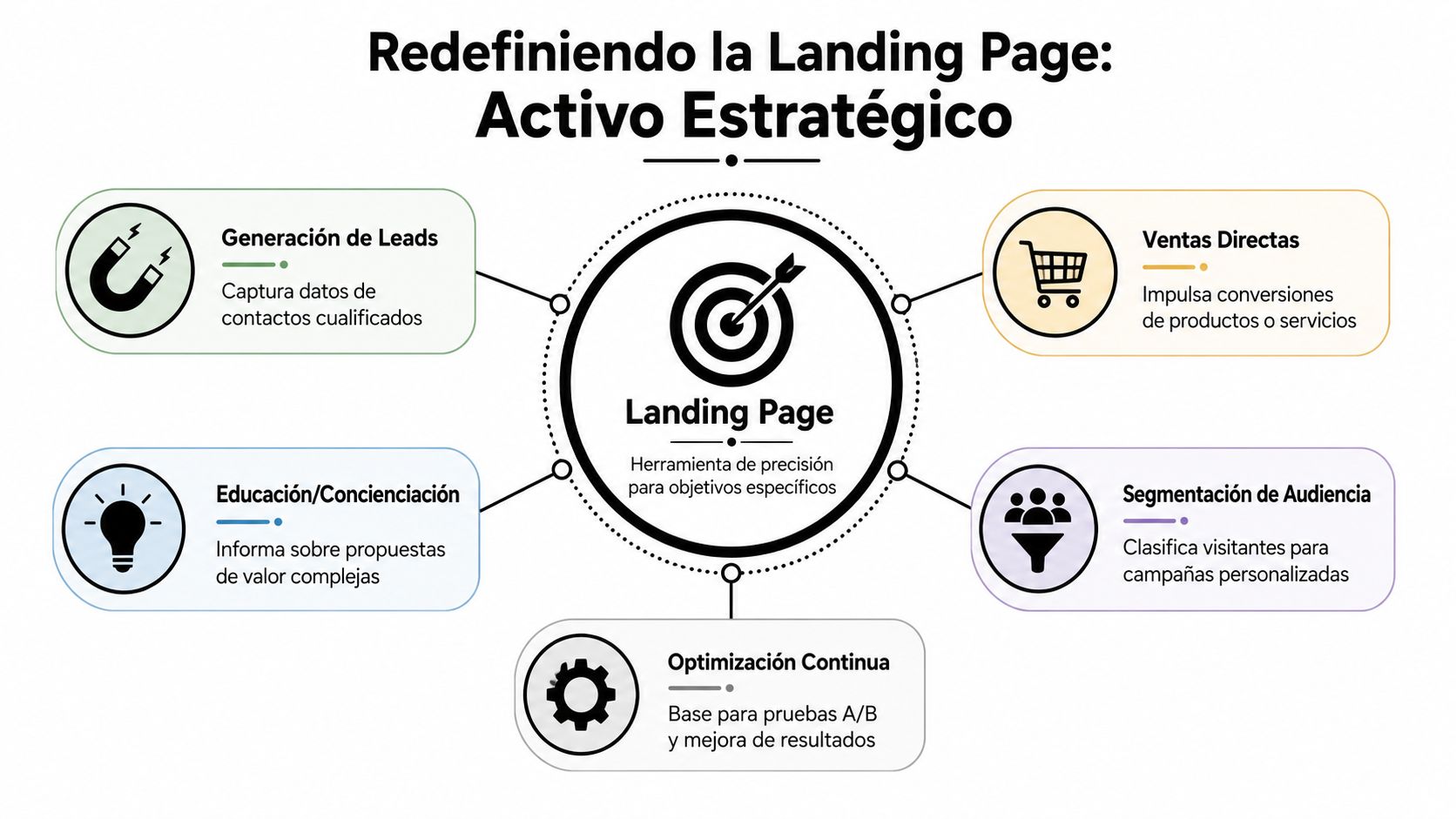 Diagrama que explica cómo una landing page funciona como un activo estratégico para diversos objetivos empresariales.