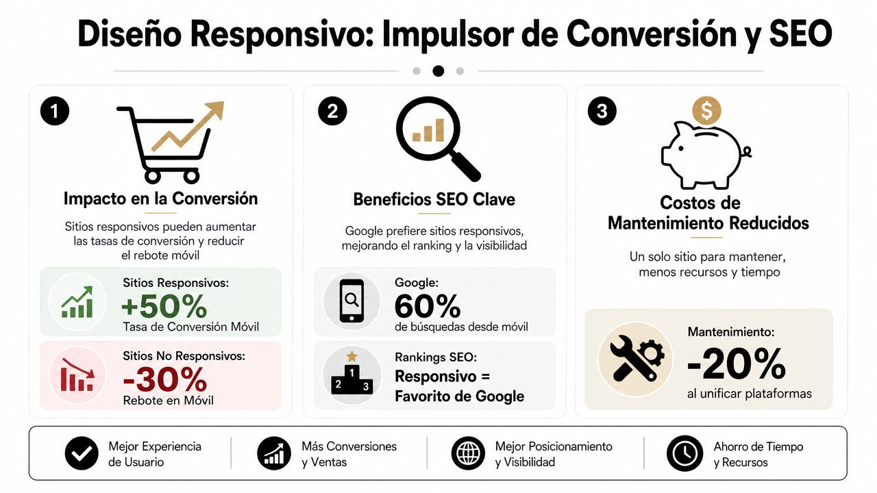 Infografía sobre las ventajas del diseño web responsivo para mejorar conversiones, SEO y reducir costos de mantenimiento.