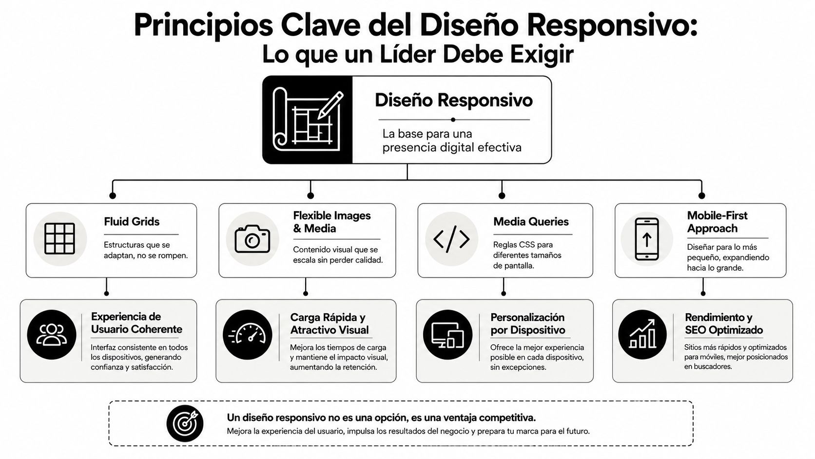 Diagrama detallando los principios clave del diseño web responsivo necesarios para una presencia digital efectiva y exitosa.