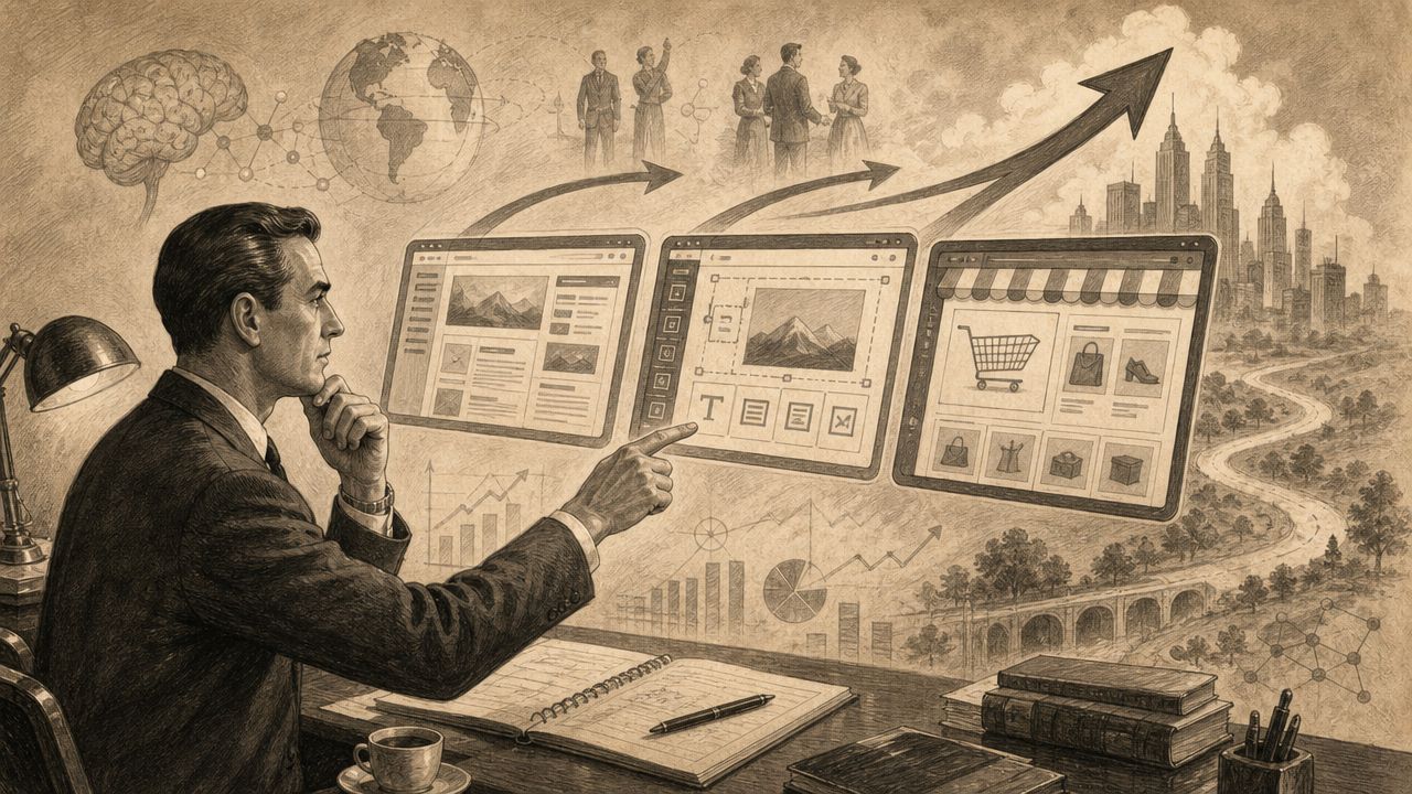 Un hombre de negocios sentado en su escritorio diseñando interfaces web y tiendas digitales con visión estratégica