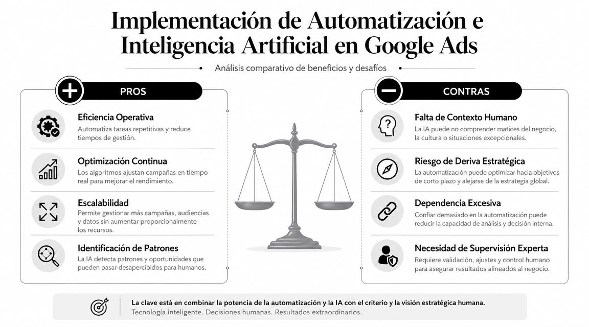 Infografía sobre los pros y contras de la automatización e inteligencia artificial en Google Ads.