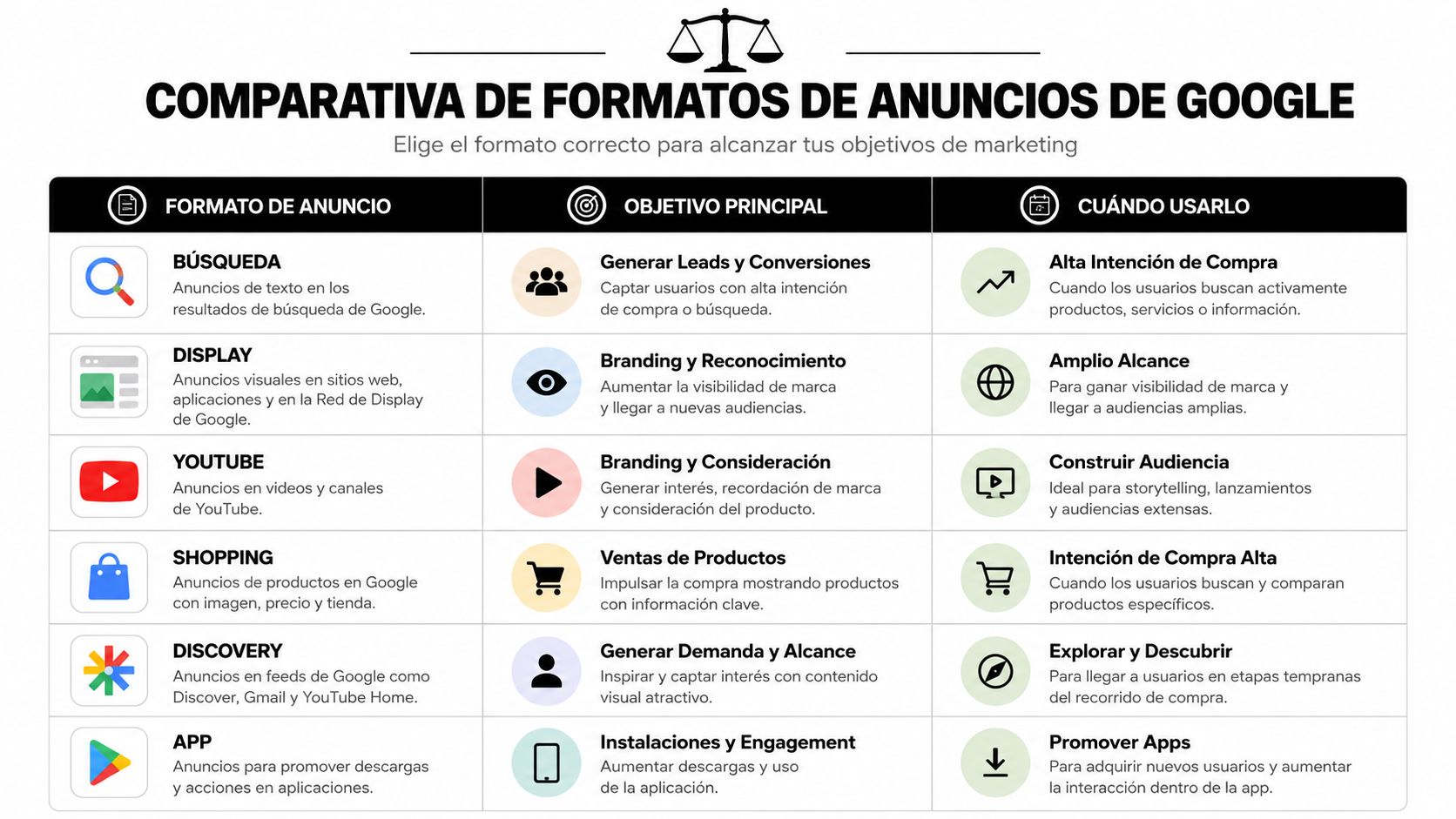 Tabla comparativa de los distintos formatos de anuncios de Google para estrategias de marketing digital y publicidad.