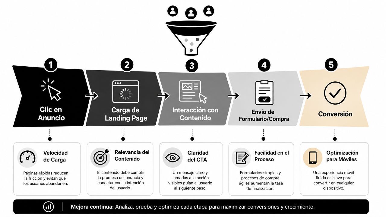 Diagrama de embudo de conversión para publicidad en Google detallando los cinco pasos desde el clic hasta la conversión.