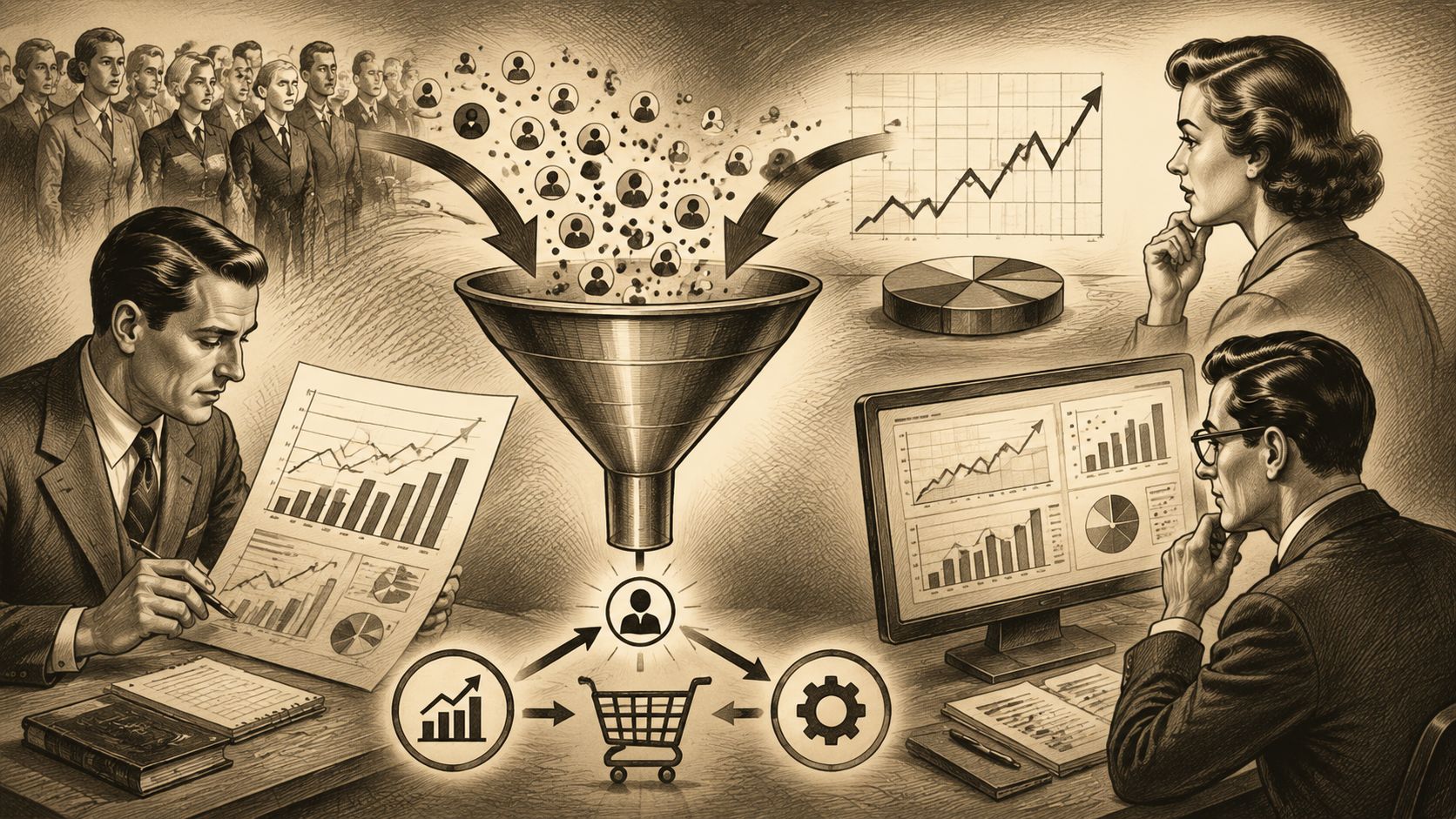 Representación artística de un embudo de ventas analizando datos demográficos y comportamiento del consumidor empresarial.