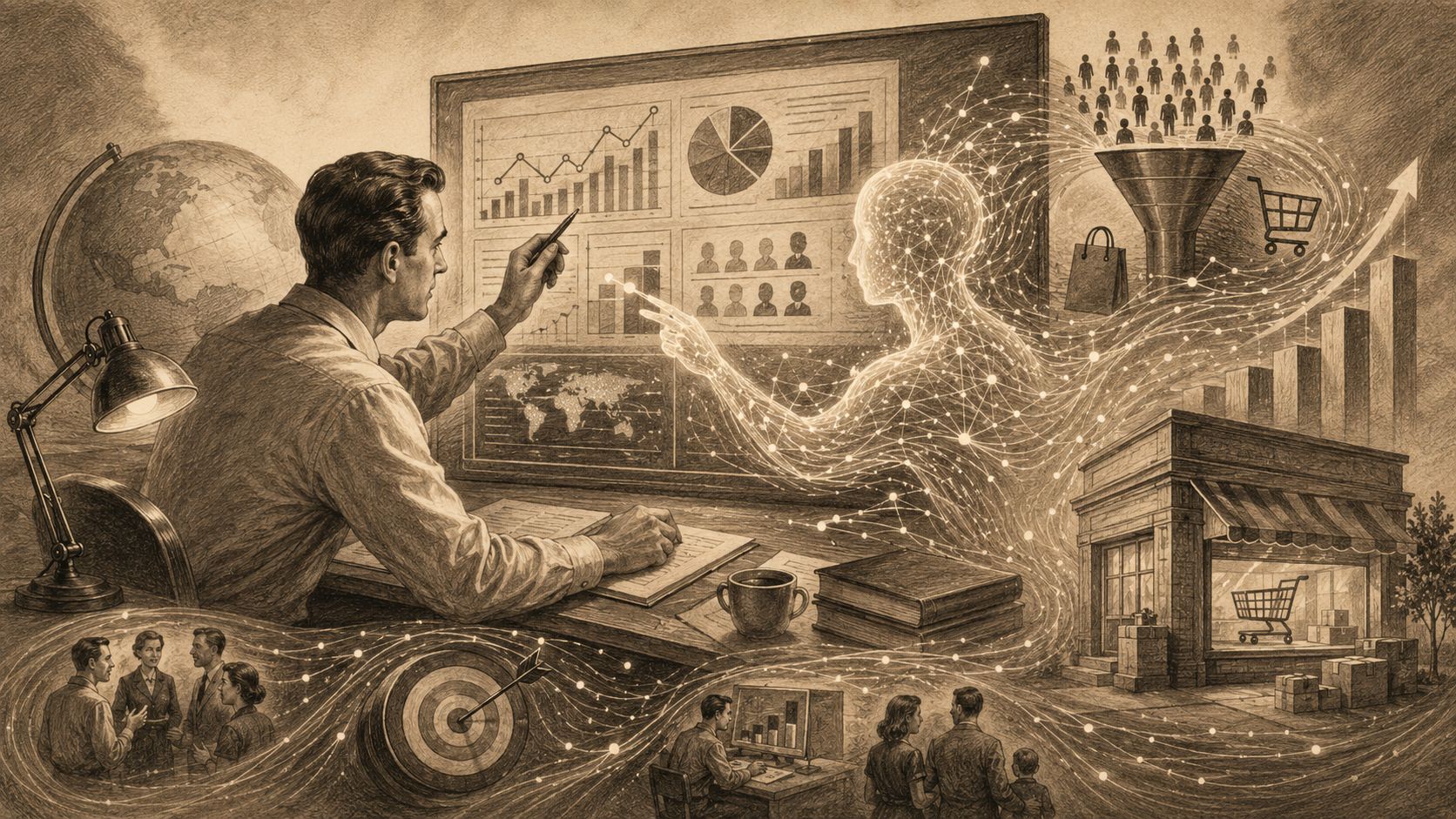 Un profesional analizando datos y publicidad digital junto a una figura virtual que representa inteligencia artificial avanzada.