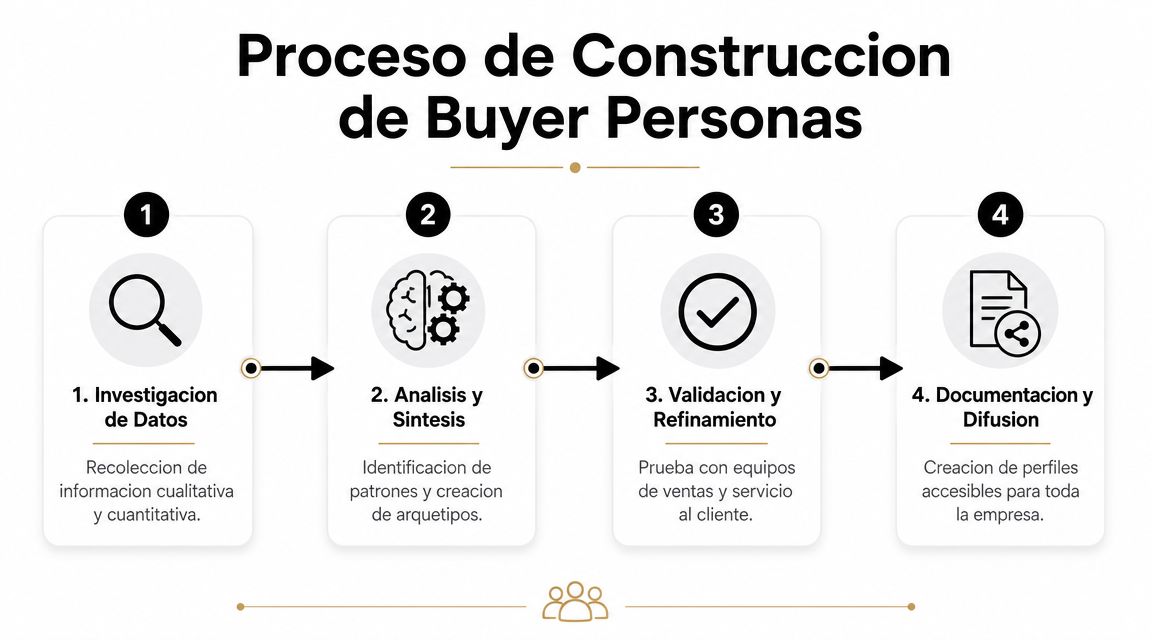 Diagrama de cuatro pasos ilustrando el proceso de construcción de Buyer Personas, desde investigación hasta difusión.