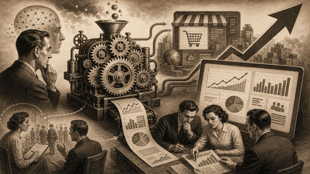 Representación artística sobre el análisis de datos para definir un buyer persona en estrategias de marketing digital.