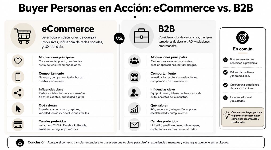 Infografía comparativa que muestra las diferencias y similitudes entre buyer personas de eCommerce y B2B en marketing.