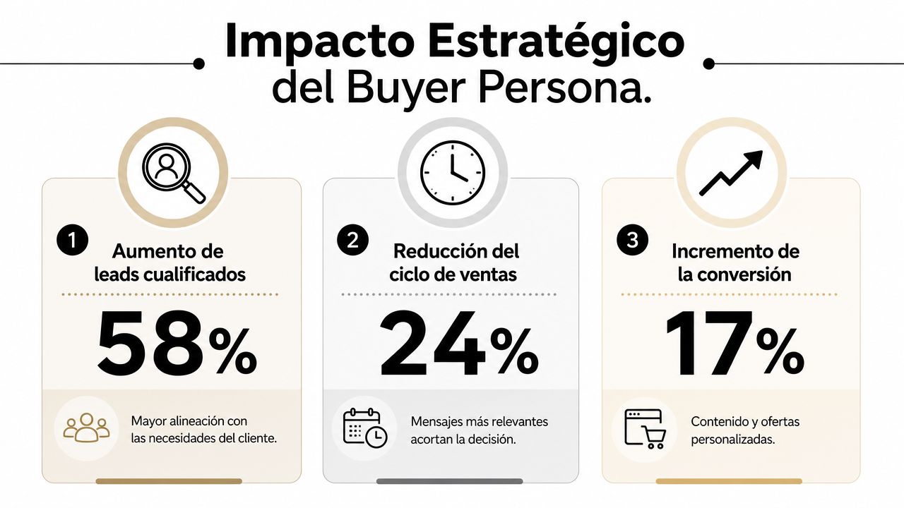 Infografía que muestra el impacto estratégico de definir un buyer persona para aumentar ventas y conversiones.