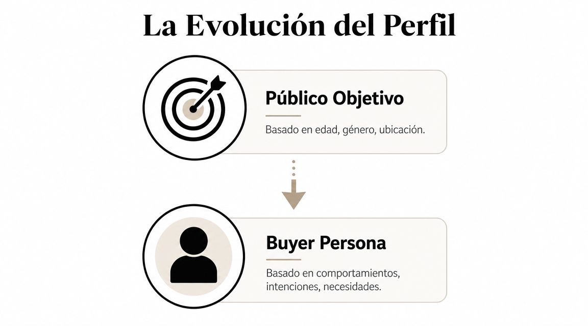 Diagrama comparativo que muestra la evolución del perfil de cliente desde público objetivo hacia buyer persona.