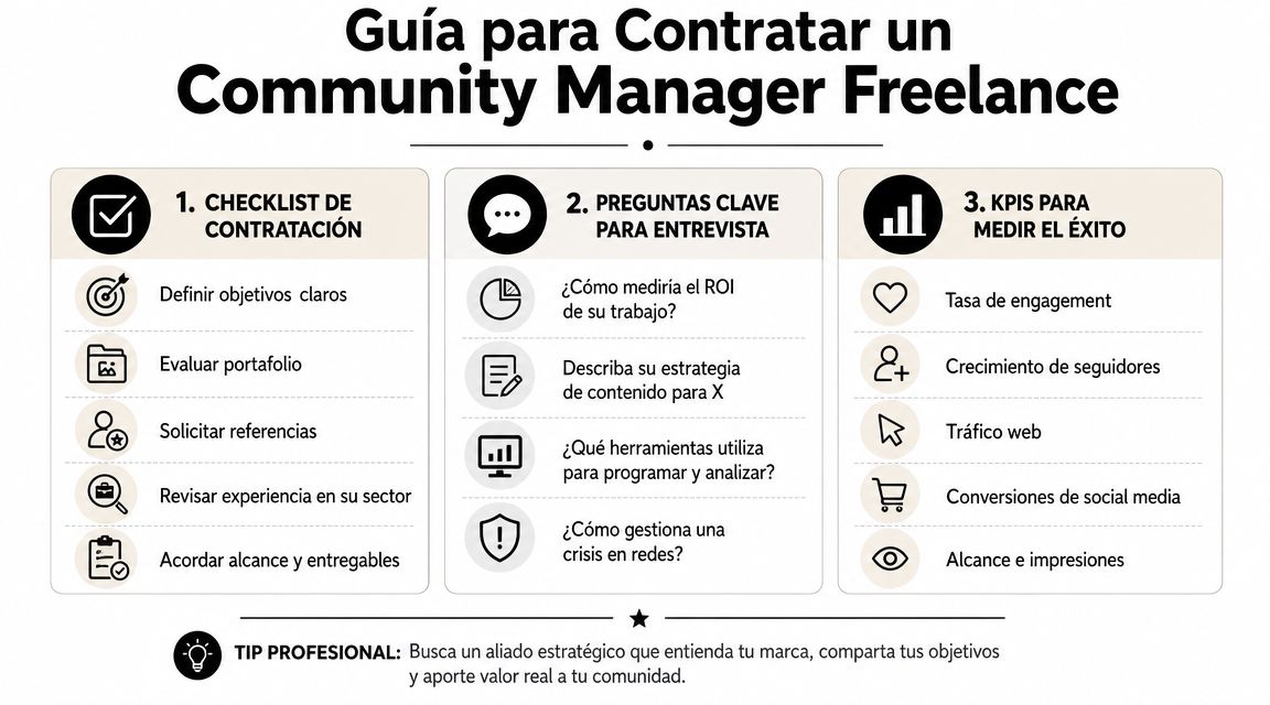 Infografía sobre cómo contratar a un Community Manager freelance, incluyendo pasos, preguntas clave y métricas importantes.