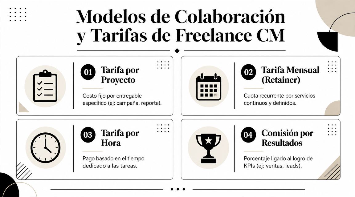 Infografía sobre los cuatro modelos principales de colaboración y tarifas para un Community Manager freelance.