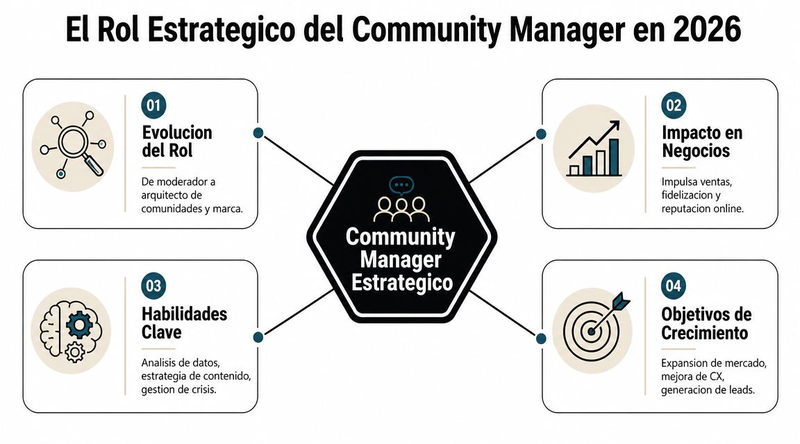 Infografía sobre la evolución y el papel estratégico del community manager para el año 2026.