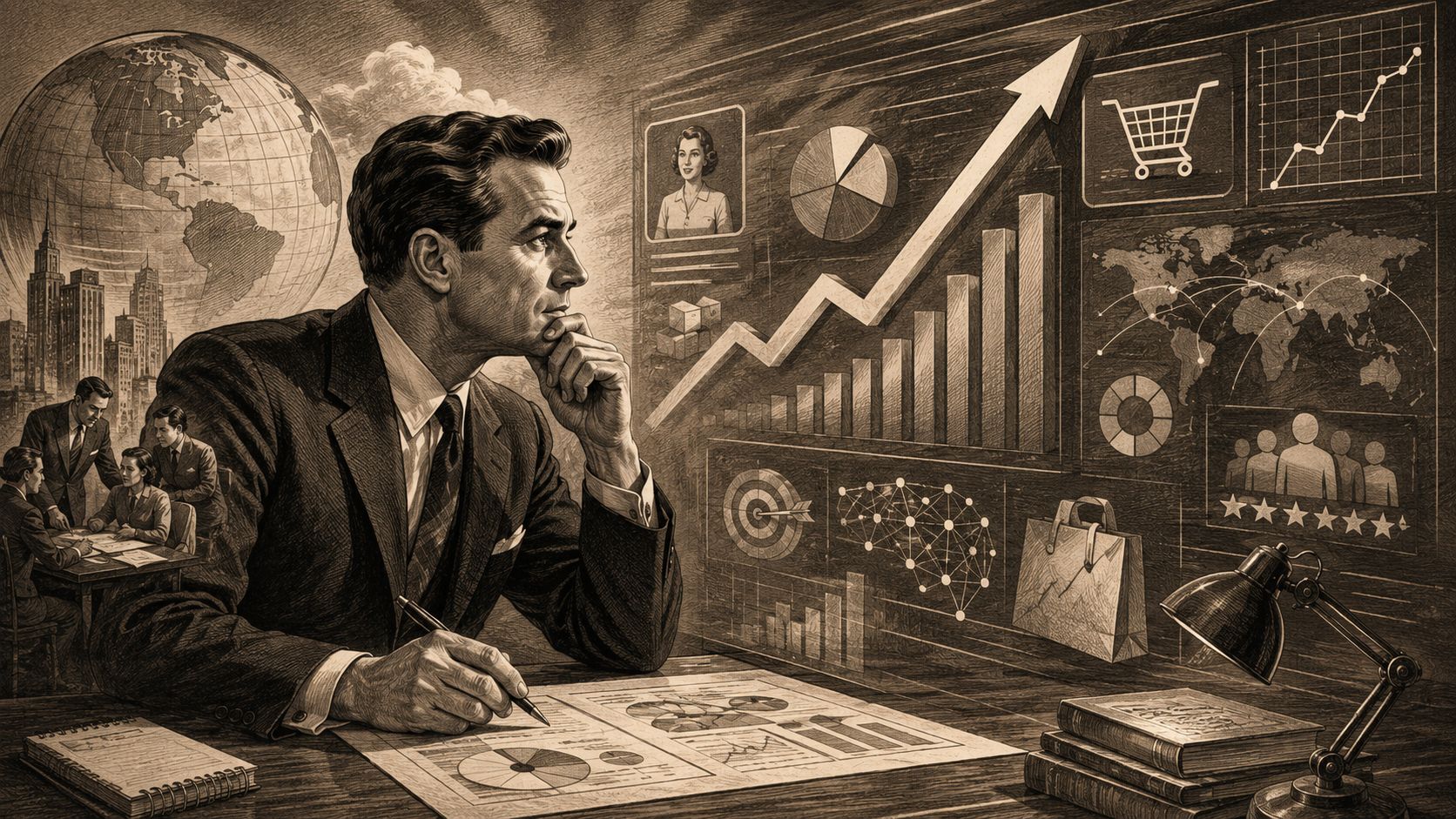 Un ejecutivo pensativo analizando gráficos complejos y tendencias de datos en un estilo de ilustración retro