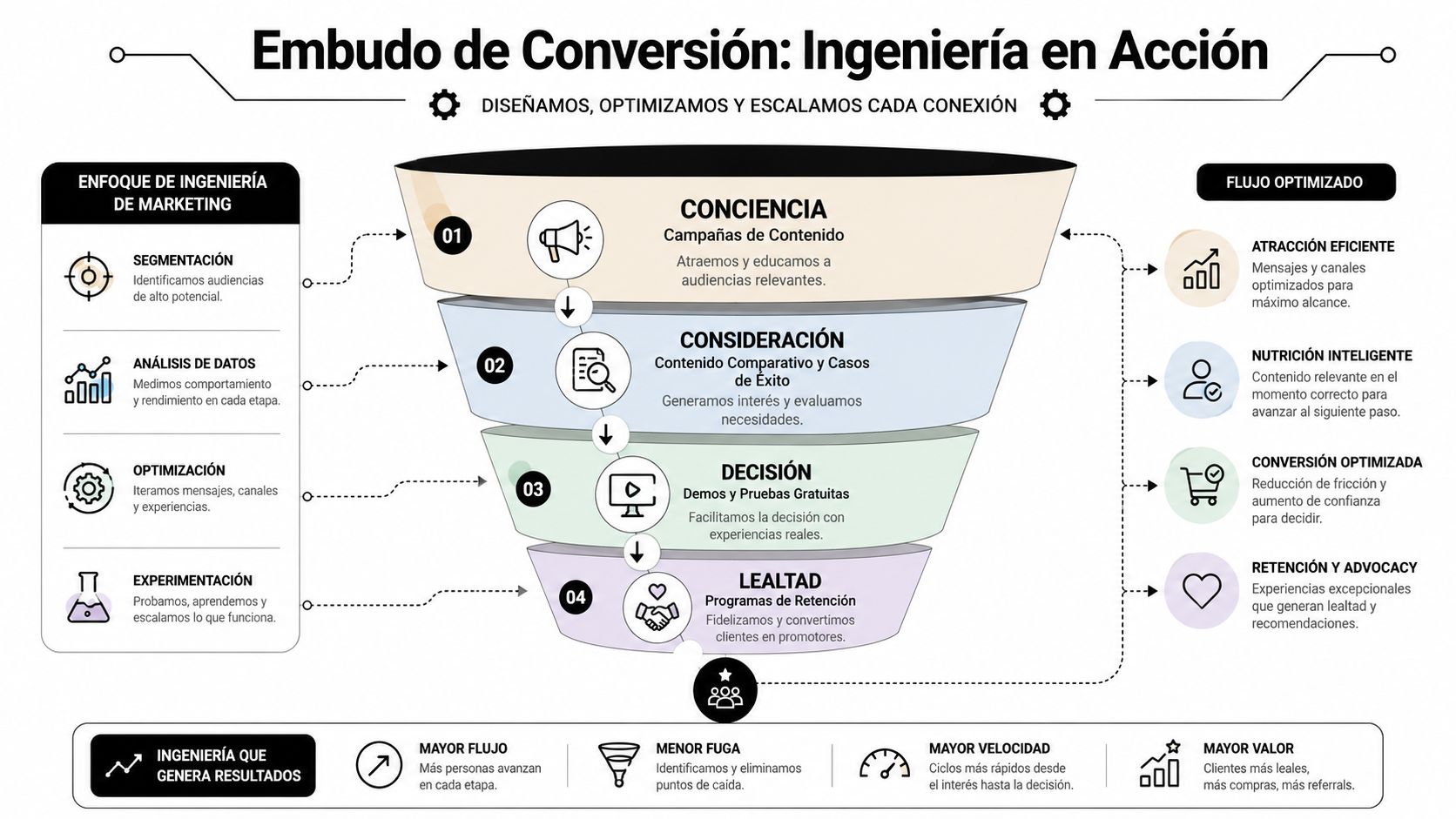 Diagrama de embudo de conversión mostrando el proceso de marketing, desde la conciencia hasta la lealtad del cliente.