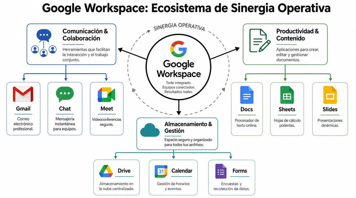 Diagrama de Google Workspace que muestra herramientas de comunicación, productividad y almacenamiento con sus funciones principales.