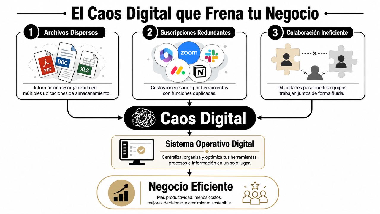 Infografía sobre cómo superar el caos digital empresarial mediante la implementación de un sistema operativo digital eficiente.
