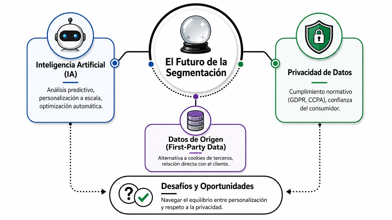 Diagrama que ilustra el futuro de la segmentación mediante inteligencia artificial, privacidad de datos y first-party data.