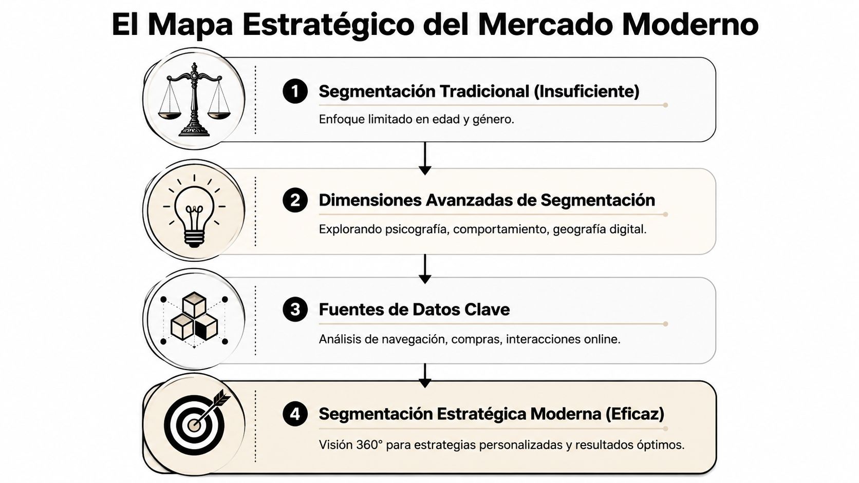 Mapa estratégico ilustrado que describe la evolución de la segmentación de mercado desde enfoques tradicionales hacia estrategias modernas.
