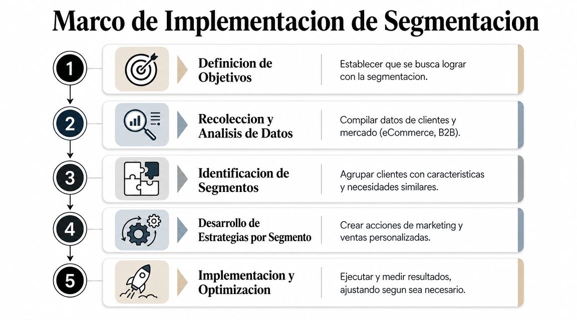 Infografía que detalla los cinco pasos del marco de implementación para la segmentación de mercado.