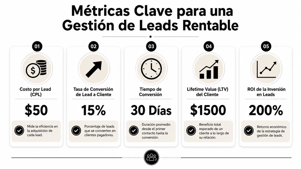 Infografía sobre las métricas clave para una gestión de leads rentable, incluyendo CPL, tasa de conversión y ROI.