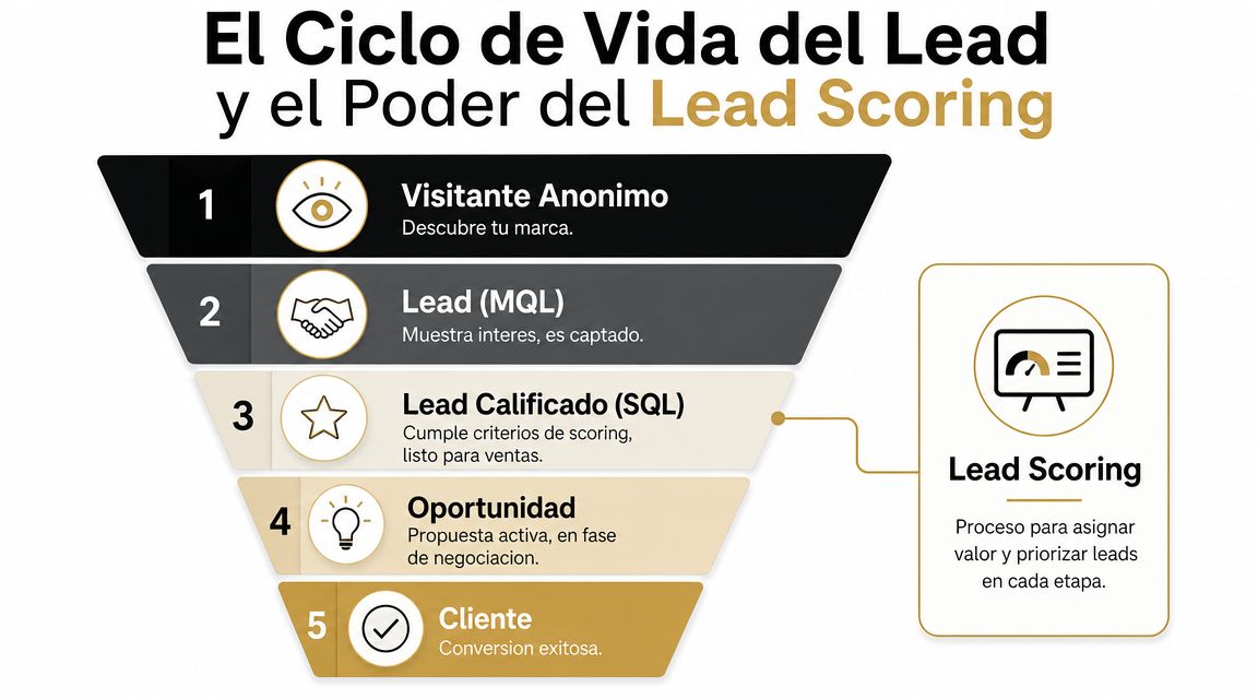 Embudo que muestra las etapas del ciclo de vida del lead, desde visitante anónimo hasta cliente final.