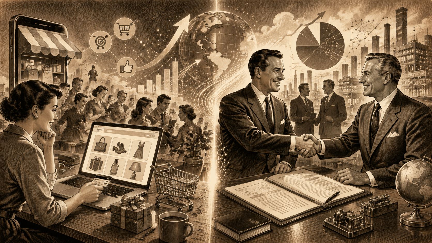 Representación artística de la evolución del comercio, mostrando ventas digitales y acuerdos comerciales tradicionales en estilo vintage.