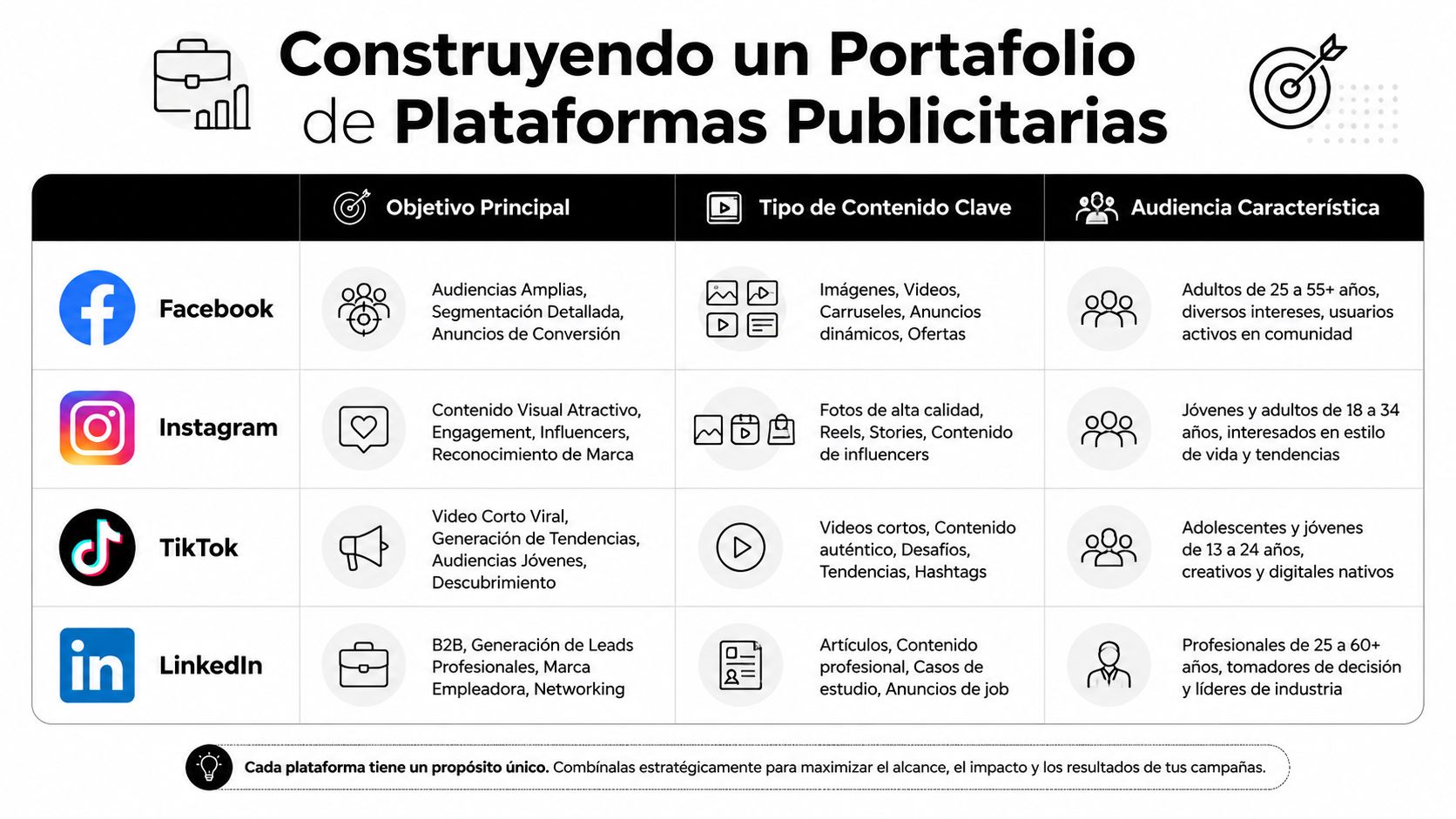 Tabla comparativa de plataformas publicitarias digitales incluyendo Facebook, Instagram, TikTok y LinkedIn con sus características principales.