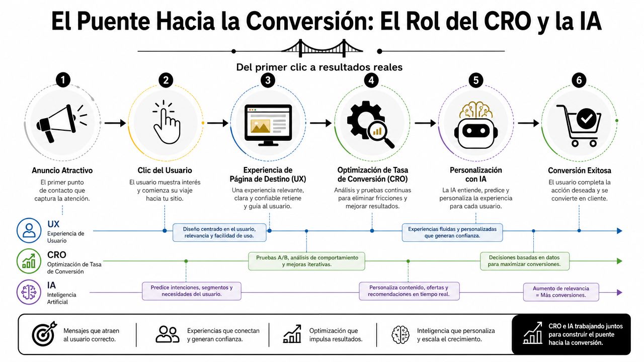 Diagrama del proceso de conversión que integra publicidad, experiencia de usuario, optimización CRO e inteligencia artificial para empresas.