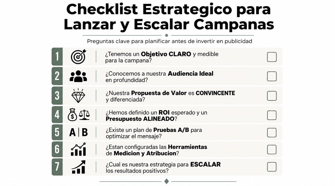 Lista de verificación estratégica en español para planificar, lanzar y escalar campañas de publicidad digital eficazmente.