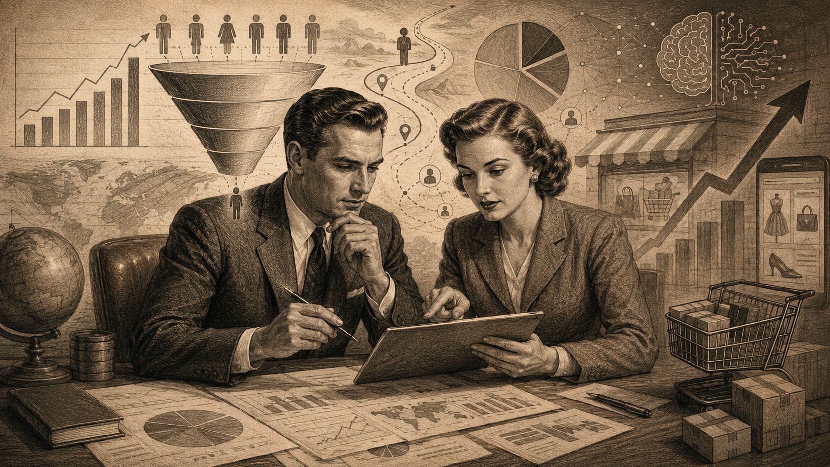 Dos profesionales analizando datos de marketing digital y estrategias de negocios en una oficina de estilo vintage.