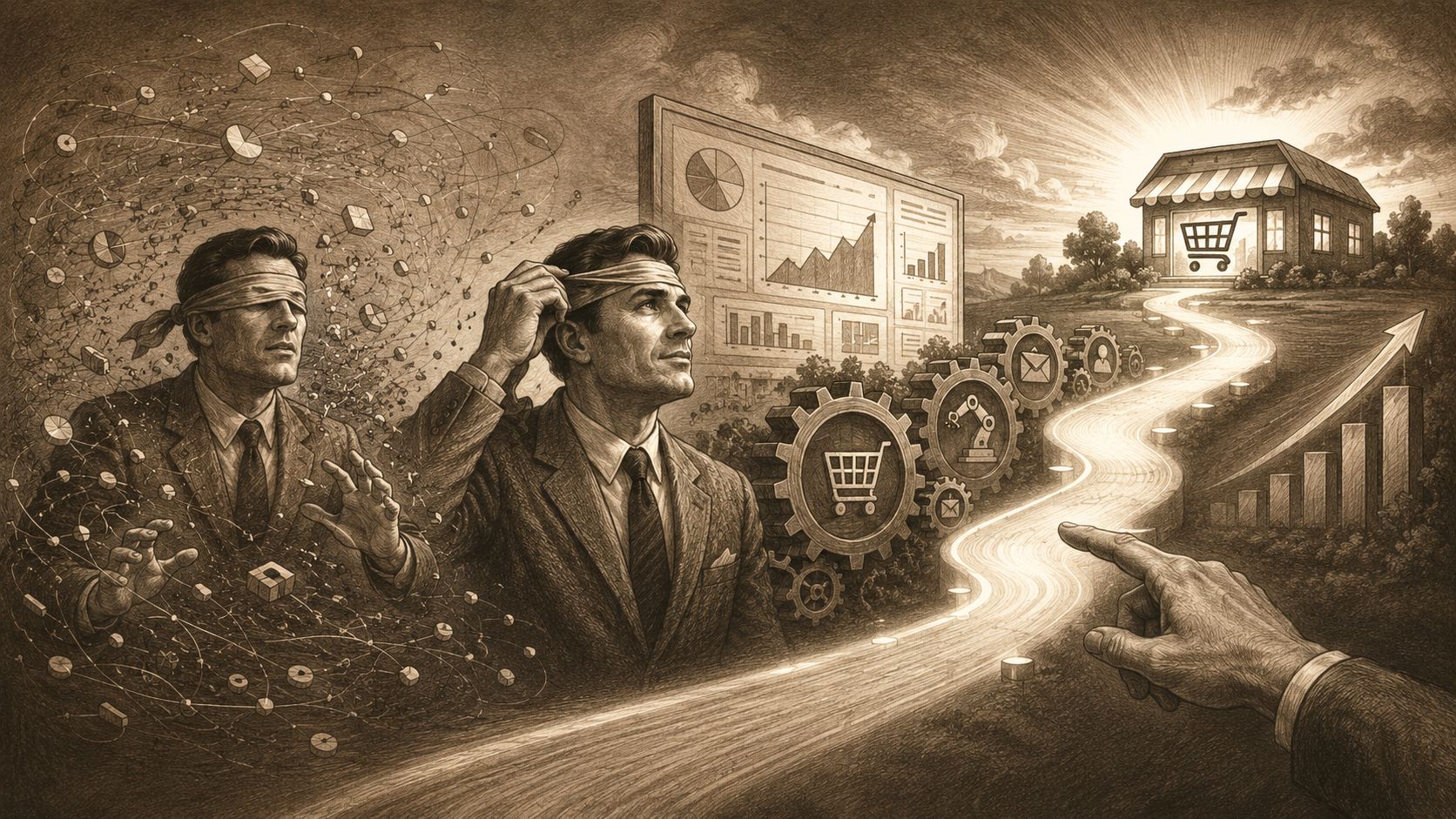 Hombre de negocios quitándose una venda frente a un camino hacia el éxito del comercio electrónico.