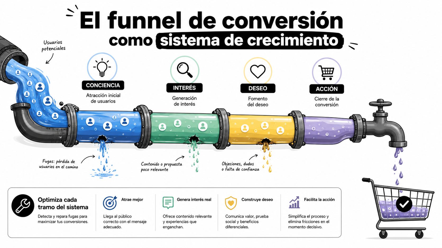 Diagrama de un embudo de conversión que muestra el flujo de usuarios y cómo optimizar cada etapa.