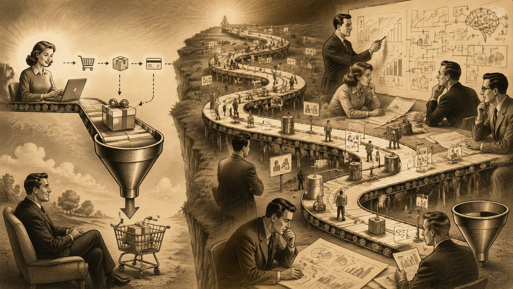 Representación artística en sepia sobre el proceso de optimización del embudo de conversión y estrategias empresariales.