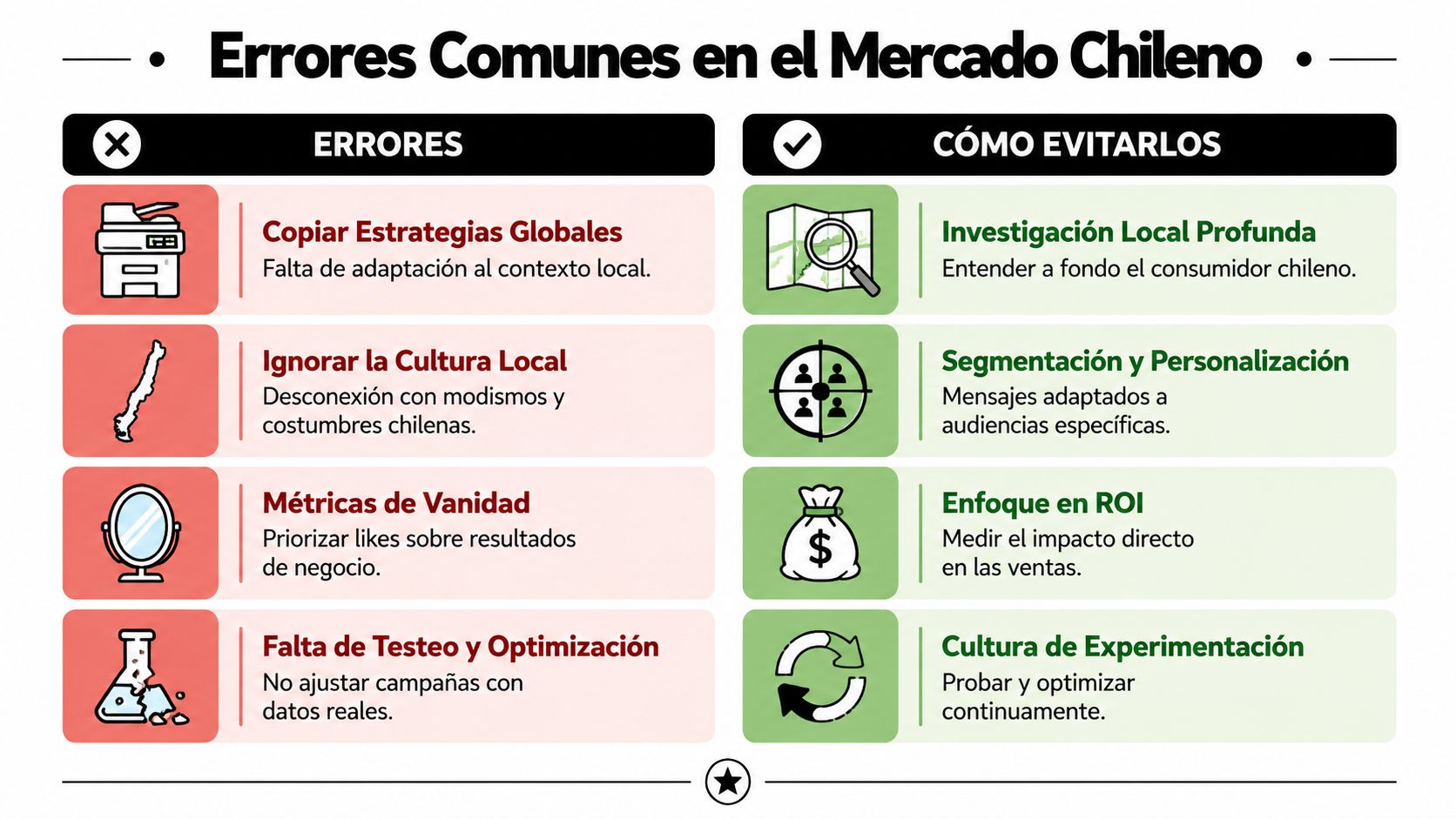 Infografía sobre errores comunes en el marketing digital dentro del mercado chileno y cómo evitarlos eficazmente.