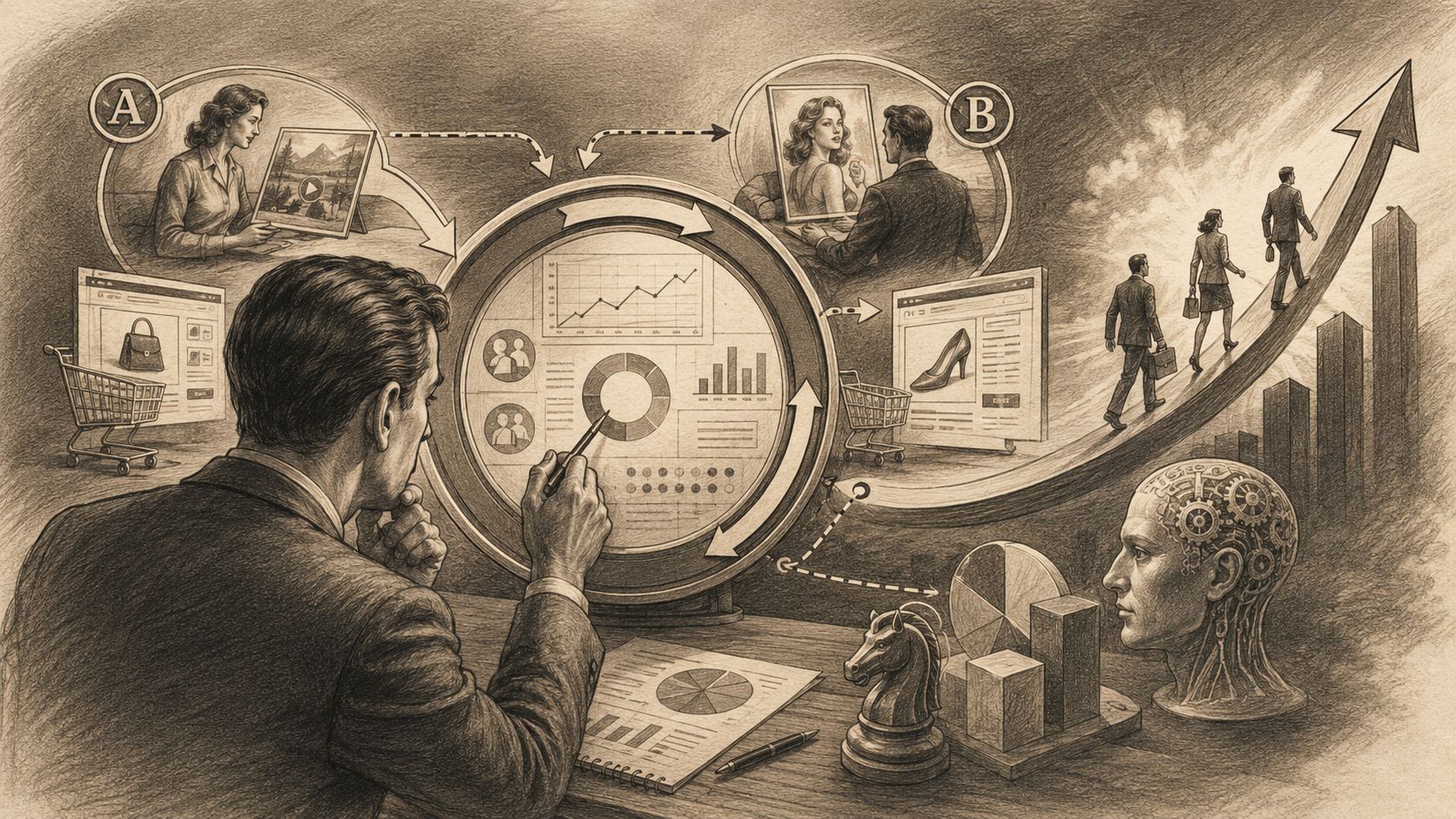 Empresario analizando datos y estrategias de marketing en una pantalla digital con un estilo de dibujo artístico.