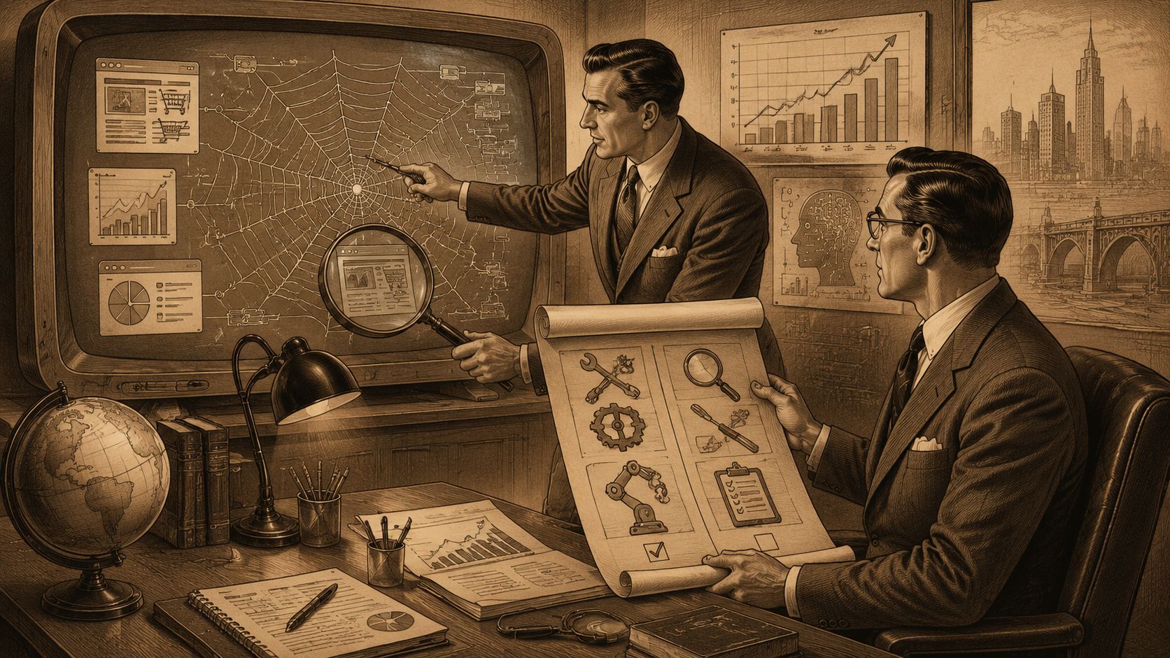 Dos empresarios de estilo vintage analizan un complejo mapa web y diagramas técnicos en una oficina clásica.