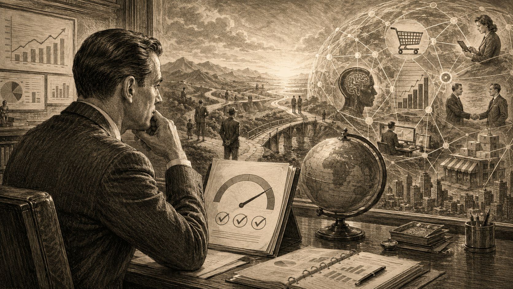 Un ejecutivo observa un panel de control con indicadores de rendimiento y una red de negocios interconectada.