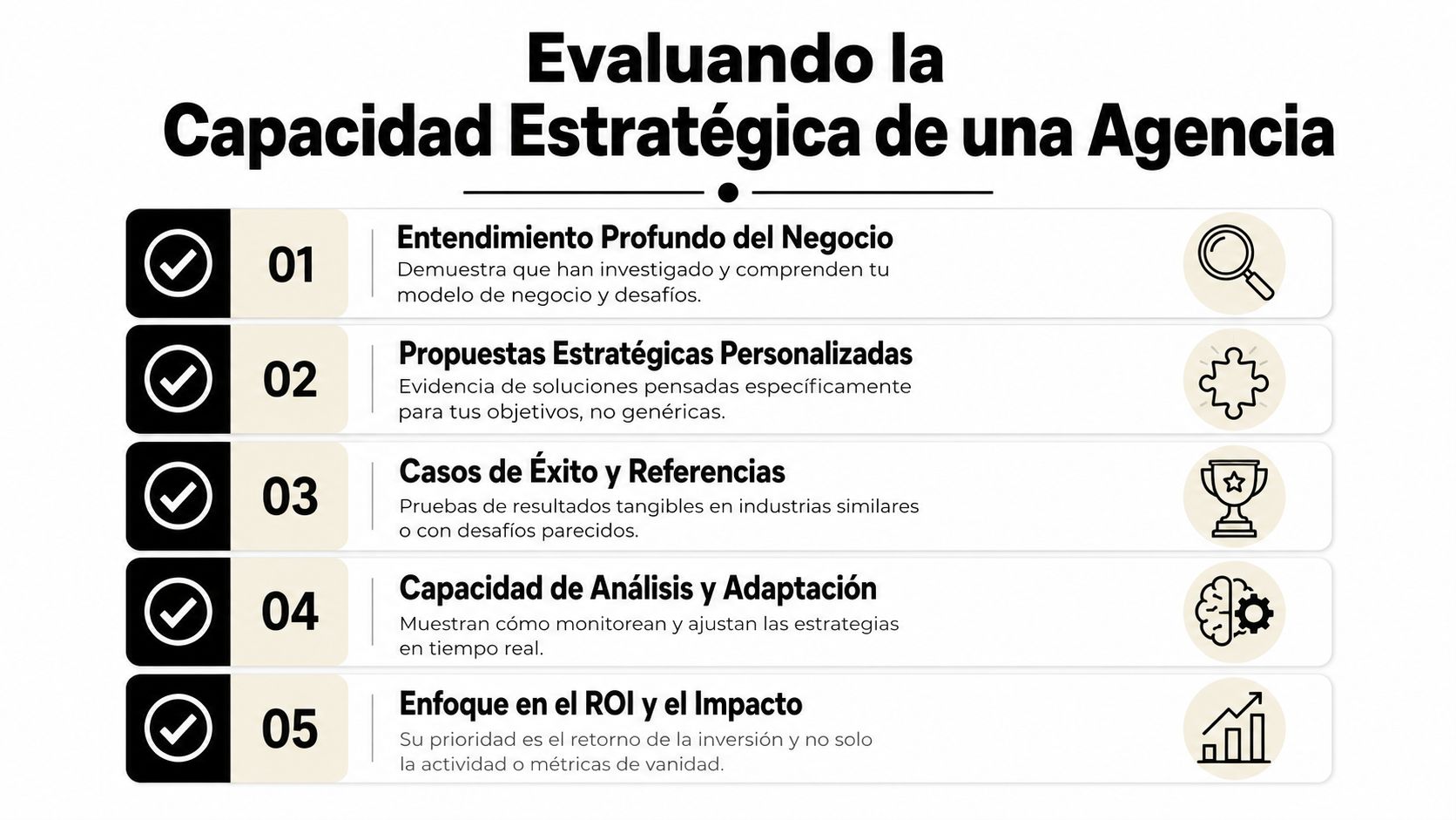 Infografía sobre los cinco criterios clave para evaluar la capacidad estratégica de una agencia de publicidad.