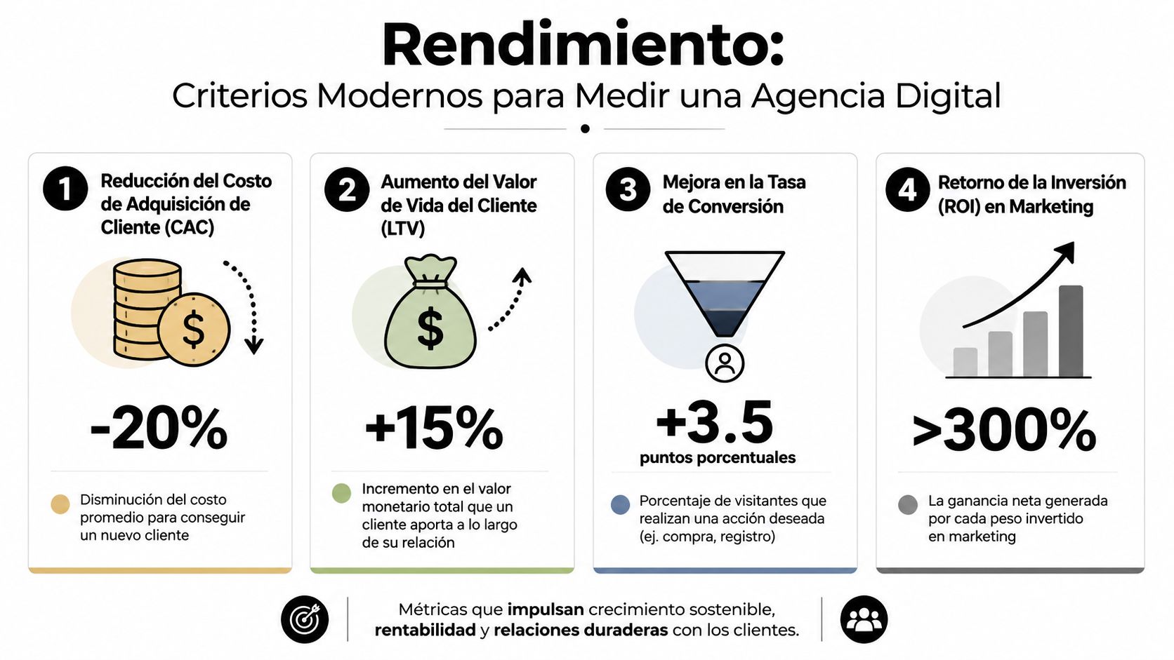 Gráfico mostrando cuatro métricas esenciales para evaluar el rendimiento de una agencia de marketing digital profesional.