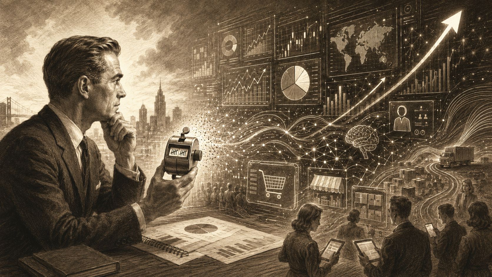 Empresario analizando datos de mercado y métricas digitales mediante gráficos complejos en un entorno empresarial retro.