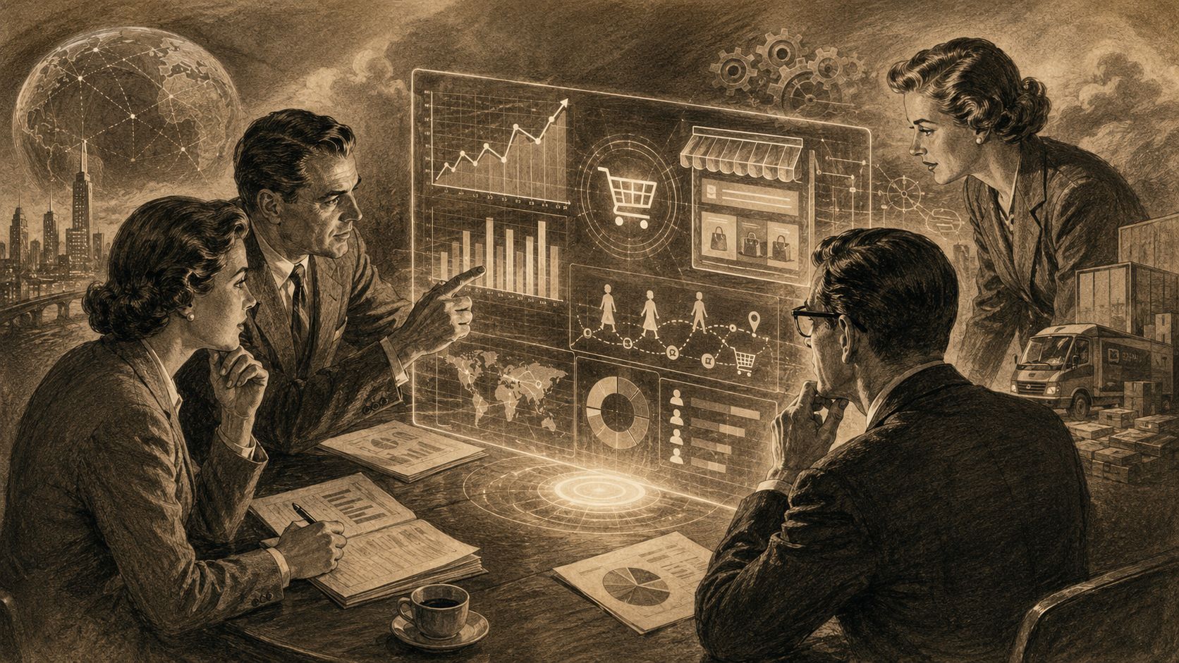 Un grupo de profesionales en un entorno vintage analizando gráficos de negocios digitales en una interfaz holográfica.