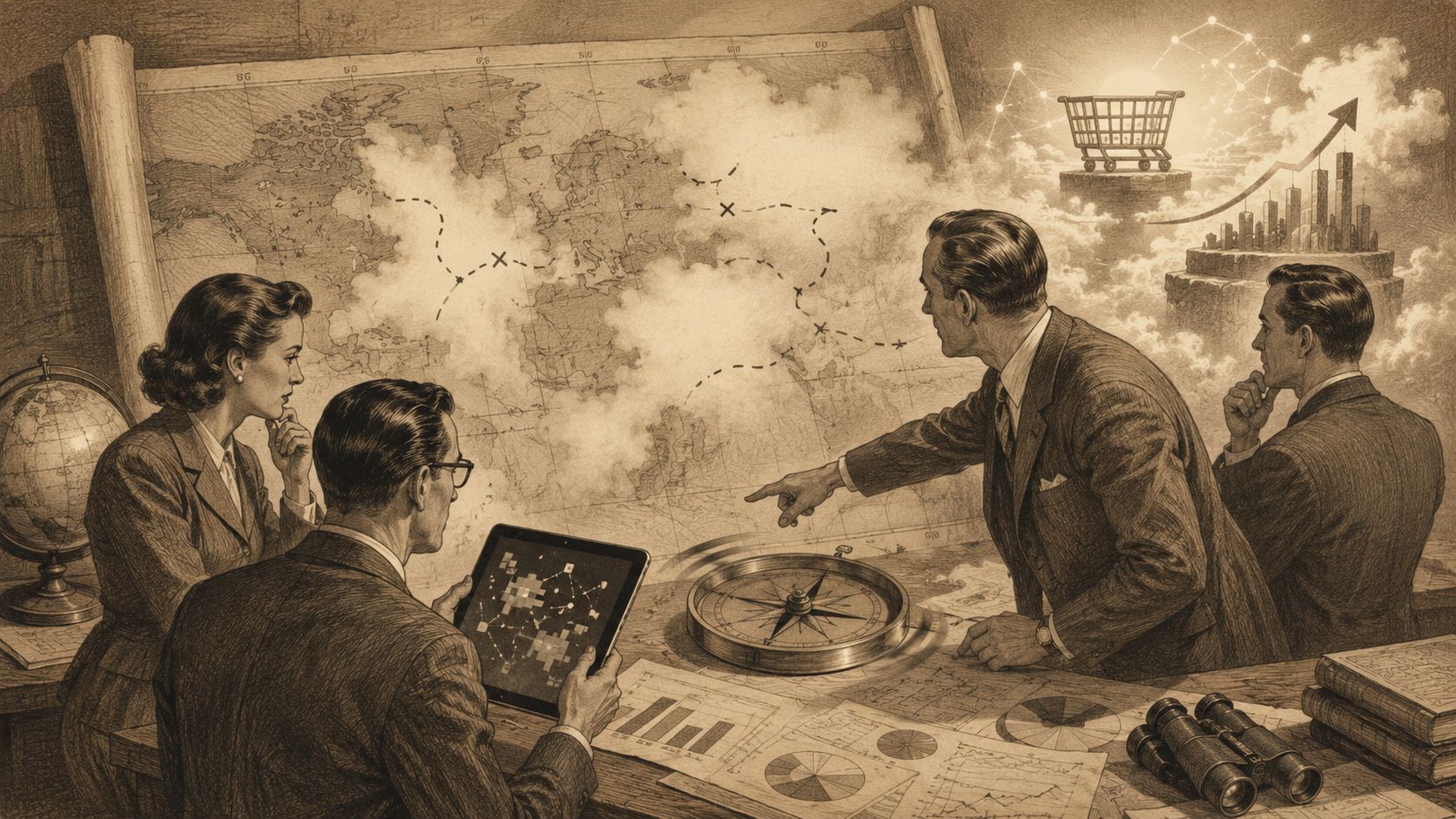 Un equipo de profesionales analizando mapas y datos financieros en una oficina con estilo de ilustración clásica.
