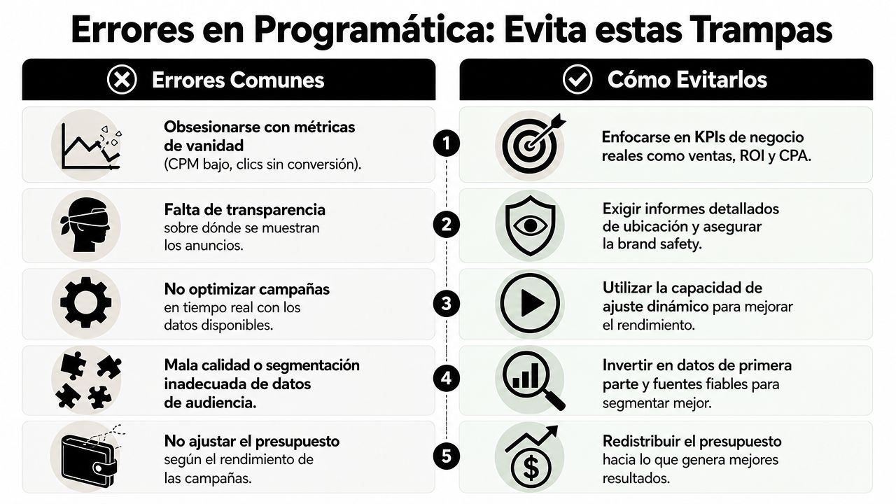 Infografía sobre errores comunes en publicidad programática y consejos prácticos para mejorar el rendimiento de tus campañas.