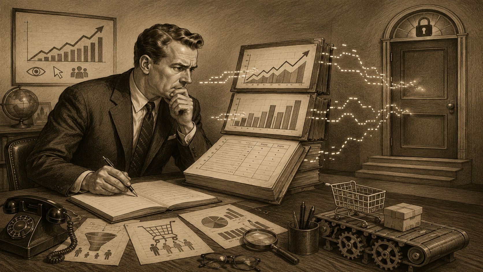 Un ejecutivo analizando datos estratégicos y tendencias de mercado en un escritorio con gráficos y procesos logísticos.