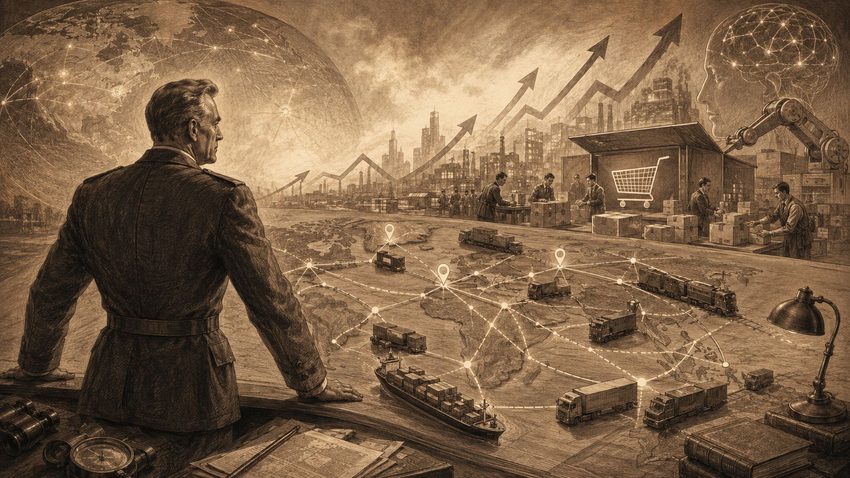 Un ejecutivo observa un mapa global detallando rutas logísticas, comercio electrónico y crecimiento industrial en estilo artístico.