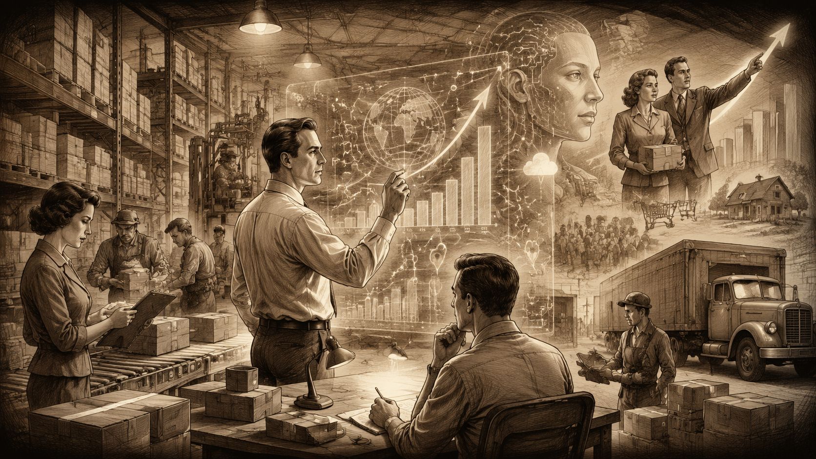 Representación artística en sepia sobre la evolución de la logística y el comercio electrónico mediante tecnología.
