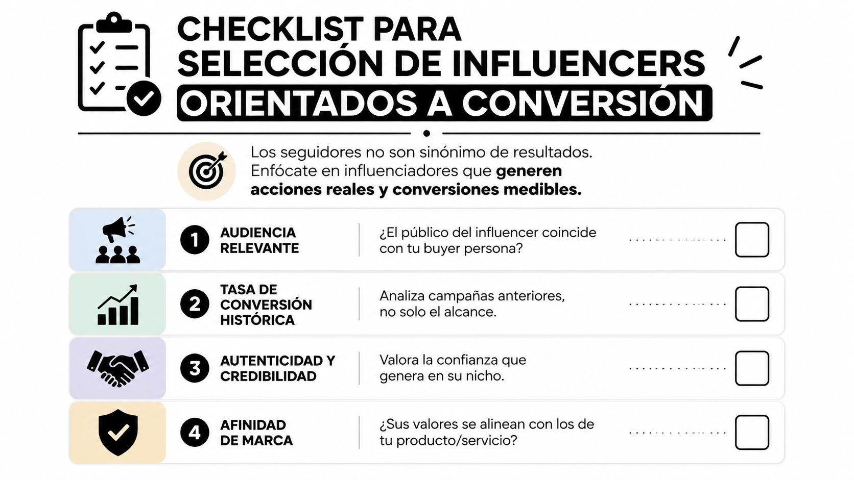 Infografía con una lista de verificación para seleccionar influencers enfocados en generar conversiones y resultados medibles.